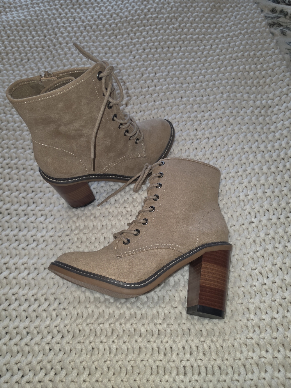 Aldo Taupe Lace-Up Suede Block Heel Boots